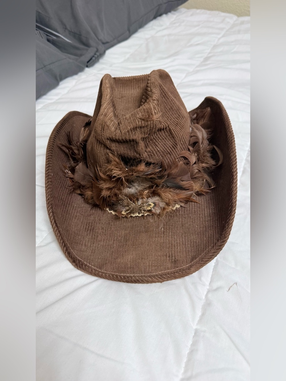Women’s Brown Corduroy Cowboy Hat with Feather Trim